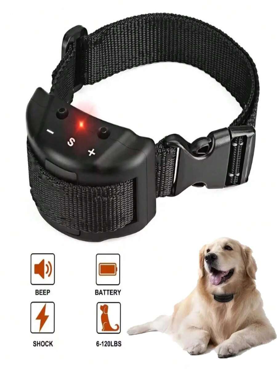 适用于小型犬的电子防吠项圈，室内外均可使用，具备静电电击、蜂鸣器和LED闪光功能，有效训练狗狗不吠叫，使用4LR44 6V电池，全新防吠项圈
