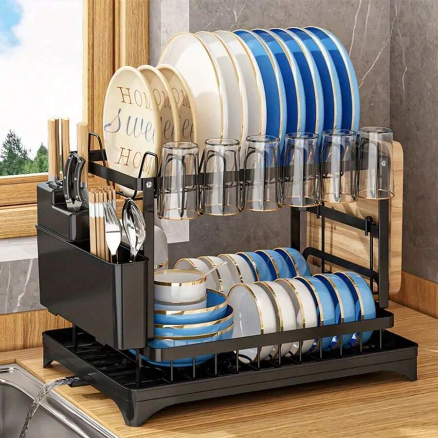 Escurridor de platos de 2 niveles de acero inoxidable grande con bandeja de goteo para encimera de cocina - Sostiene platos, cuchillos, tazas y tablas de cortar, en color negro, diseño ahorra espacio para cocinas pequeñas, organizador de encimera de cocina | Accesorio de cocina moderno | Soporte de gran capacidad, escurridor de platos para encimera de cocina - Negro - Ver 1