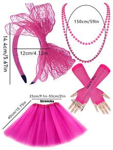 Bộ 4 món D EXCEED dành cho nữ: Váy tutu xếp lớp bằng vải tuyn, băng đô ren, vòng cổ neon và găng tay lưới hở ngón, thích hợp cho tiệc tùng thập niên 80, phong cách retro thập niên 80, trang phục lễ hội và thời trang hàng ngày. - Nhiều màu - Xem 10