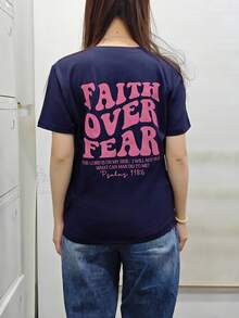 Women's New Summer Letter Print Round Neck Short-Sleeve T-Shirt, Casual Loose Versatile Top, Stylish Daily Wear - Dark Blue - View 2