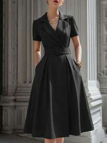 Vusalt 女士夏季黑色优雅简约通勤短袖衬衫领连衣裙，收腰设计，A字廓形，适合日常通勤、办公穿着、正式场合、情人节装扮、婚礼宾客礼服、优雅连衣裙、休闲连衣裙、生日礼服、外出连衣裙 - 黑色 - 查看 2