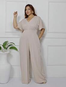 Women's Plus Size Plain Long Jumpsuit, Wide Leg, Short Sleeve, V-Neck, Ruched Front, Comfortable - 米色 - 查看 9