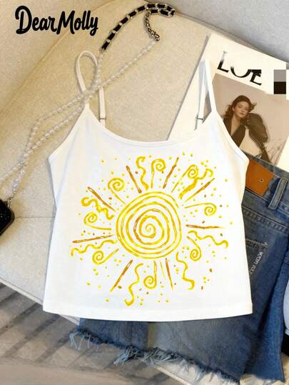 DEAR MOLLY Retro American Sunshine Daydream Brushstroke Sun Graphic Spaghetti Strap Cropped Tank Top, Y2K Midriff-Baring Niche Design Casual