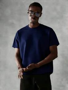 Oversized Boxy Cut Short Sleeve Jersey T Shirt Casual Crop Fit Streetwear Modern Minimalist All Season Essential Top-Comfortable Retro Cotton T-Shirt-K912026 New Men's Spring/Summer Casual Resort Wear Versatile Pure Cotton T-Shirt - 藏蓝色 - 查看 6