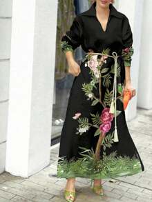 Plus Size Women Tree Print Pocketed Casual Dress, Suitable For Spring And Autumn Black - Black - View 3