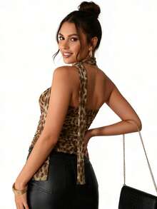 Women's Cheetah Print Tube Tops Mesh Sleeveless Strapless Leopard Slim Fit Ruched Cropped Tanks With Scarf - 深棕色 - 查看 3