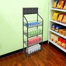 4 Tier Retail Display Rack Stand, Snack Candy Display Organizer With 10* Hooks Snack Rack, Basket Stand Cart - Black - View 2