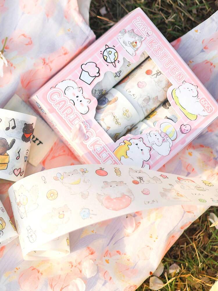 6巻入りボックス ネコモチーフ ステッカーセット、様々なネコのアクションデザインのペーパーとPET製クリエイティブステッカー、DIYジャーナルの装飾用品、友人への驚きのギフト - セット - 見る 11