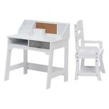 Kids Study Desk Chair Set, Compact Study Table Set with Adjustable Chair, 2 Open Drawers, a Hutch, a Corkboard, 2 Pen Holders, Wooden Student School Table Chair Set Homework Table, White - Blanco - Ver 7