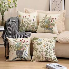 4 PIEZAS Funda de almohada de primavera con diseño de plantas verdes y flores, funda decorativa cuadrada de lino con estilo rústico para cojín de sofá y cama de uso doméstico, de un solo lado, sin incluir la almohada - Verde Pastel - Ver 5