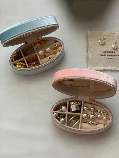 1pc Mini Portable Jewelry Box Suitable For Necklaces, Rings, Earrings And Bracelets - Elegant Felt Oval Lid Storage Box, Compact Travel Accessory Organizer