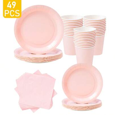 Light Pink Disposable Plates, Napkins, Cups - 8 Guest Party Supplies Set, Suitable For Birthday, Wedding, Theme Party, Family Picnic