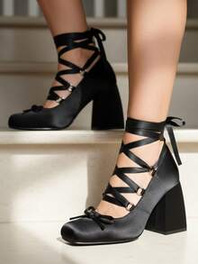 Womens Satin Ballet Heels Square Toe Chunky High Heeled Sandals Comfortable Slip On Pumps Black Heel Shoes Bow Ribbon Lace Up Shoes Party Work Business Casual Bridal Wedding Dressy Holiday Outdoor Fashion Fashionable Spring Summer Sandals For Women - 黑色 - 查看 1