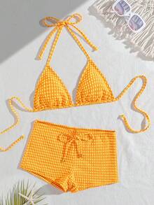 wohenmeili Bộ bikini buộc dây cổ kiểu Bohemian, bikini co giãn cao cấp, áo bơi tam giác buộc dây và quần lọt khe nhún bèo buộc dây bên hông dành cho nữ, đồ đi biển, đồ bơi nữ chất liệu kẻ caro đặc biệt cho kỳ nghỉ hè. - Lưới màu cam - Xem 3