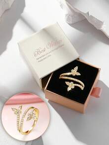 Geschenkbox eleganter Kubikzirkonia Schmetterling Wickelring, modischer Schmuck für Frauen zur Hochzeit, Verlobung, Party, hergestellt aus Kupfermaterial, nicht verblassend und hypoallergen, ideale Geschenkwahl - Gold - Übersicht 16