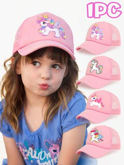 1pc Pink Children's Cartoon Unicorn Truck Driver Hat, Fashionable Cute Childlike Sweet Lightweight Breathable Mesh Sun-Shading Baseball Cap, Suitable For Spring/Summer, Girls Aged 3-8 For Casual, School, Travel, Photography, Gift