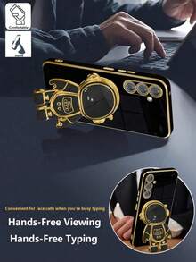 1pc Straight Edge Millennium Style Cute Astronaut Sliding Bracket Design Phone Case Compatible With Apple 16 Pro Max, Galaxy S24 Ultra, Edge 30, Infinix Smart 8, Infinix Hot 40i, Transsion Spark 20, Transsion Spark 20C, Transsion Spark Go 2024, Redmi Note 13 Pro+, Honor X8 - Black - View 3