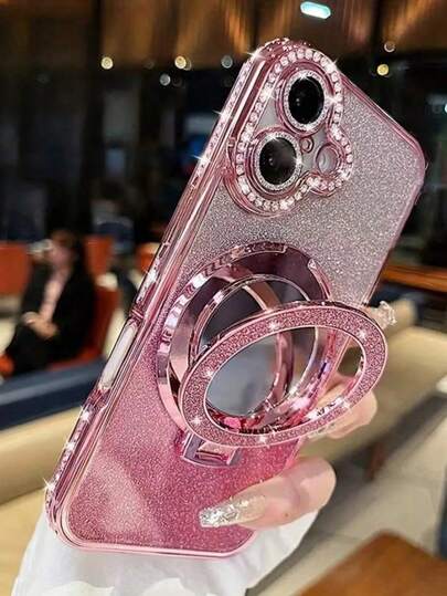 1pc Magnetic Foldable Phone Stand Holder, Compatible With 17/11Promax/12/12Pro/12Promax/13/13Pro/13Promax/14/14Plus/16 Pro Max/17 Pro Max /Redmi 13C,14C,15C/ S22,S23,S24,S25,S26, Diamond Decorated Full Coverage Design, Lens Protection