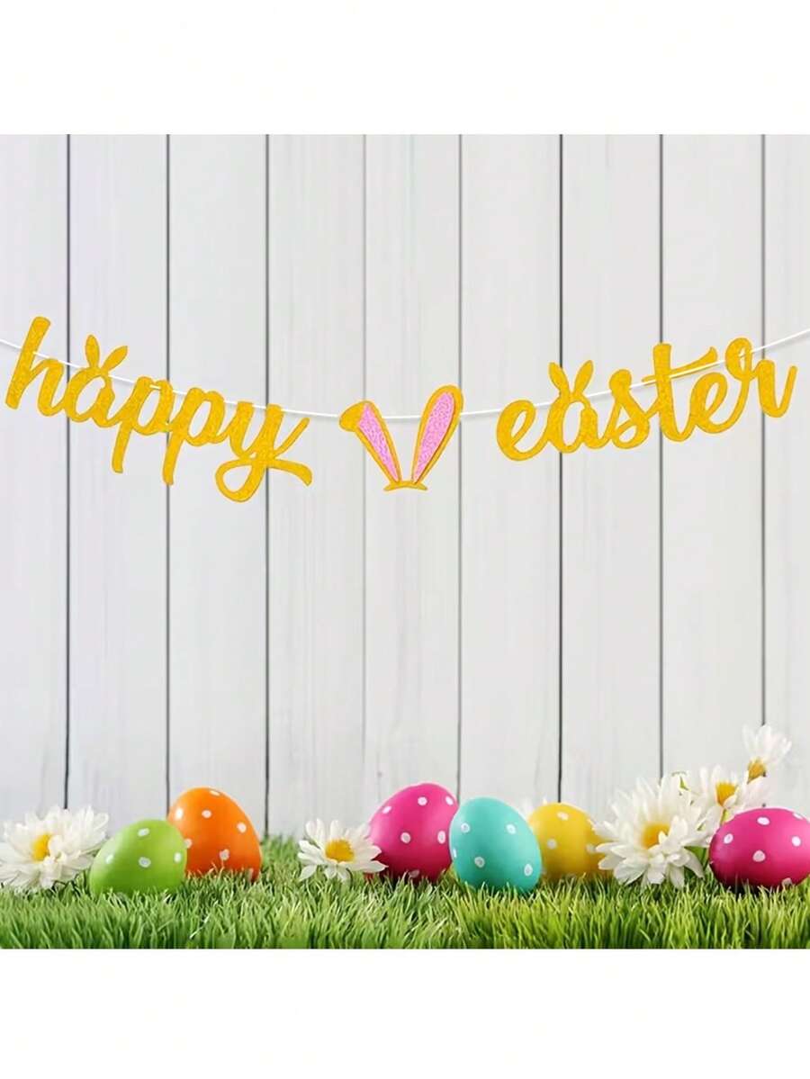 Happy Easter Themed Party Decorations Pull Flag Rabbit Ears Banner - Multicolor - View 1
