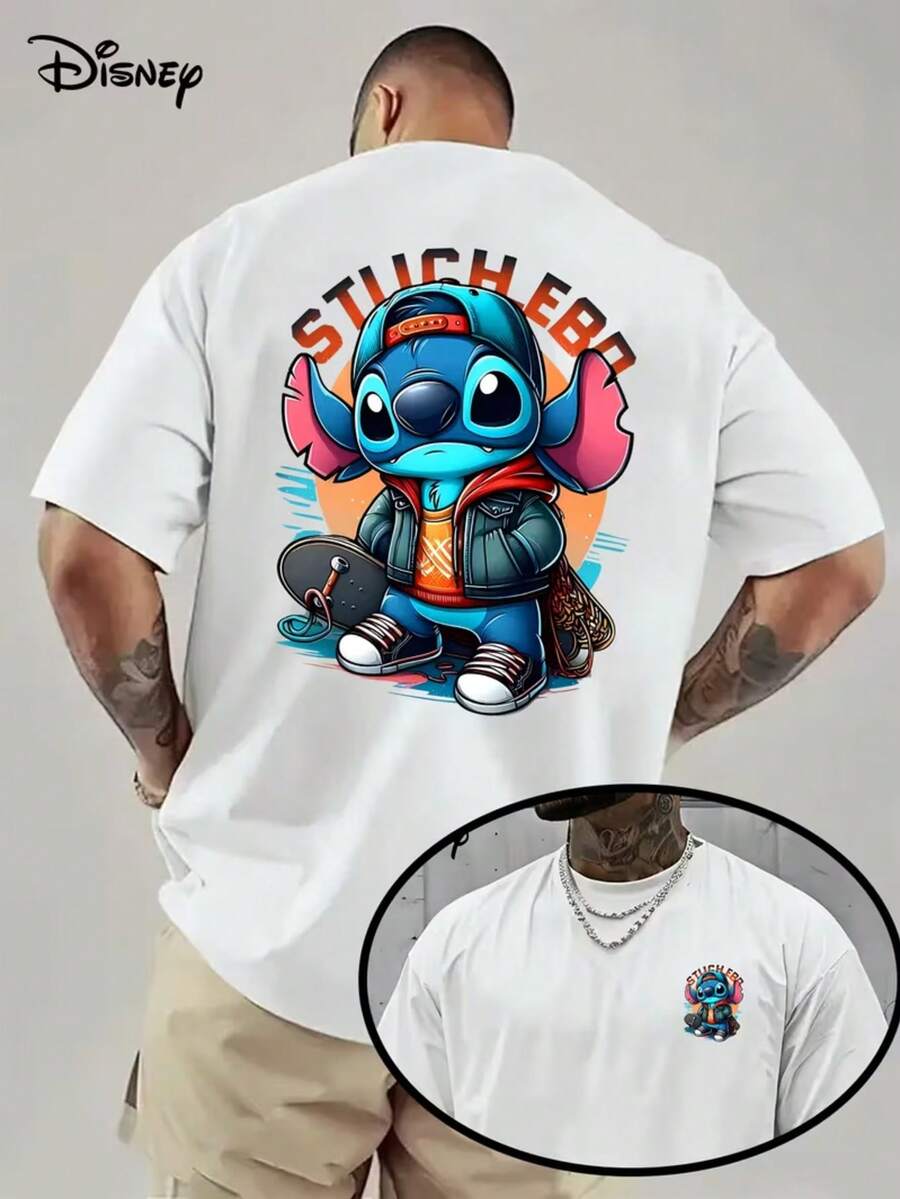 Disney Officially Authorized Men's Shi Diqi Double-Sided Cartoon T-Shirt-Skateboarding Boy Shi Diqi Letter Printing, Breathable Summer Round Neck Dress, Machine Washable, Casual Black Shirt, Suitable For Everyday Wear. - 白色 - 查看 1