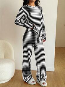 GLOpass 女士休闲黑白条纹圆领长袖睡衣套装，舒适两件套家居服，采用略带弹性的面料制成，春季款 - 黑與白 - 查看 7