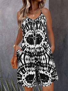 New Geometric Print Sleeveless Jumpsuit For Women, Suitable For Vacation And Daily Wear, Spring/Summer Black - Black - View 1