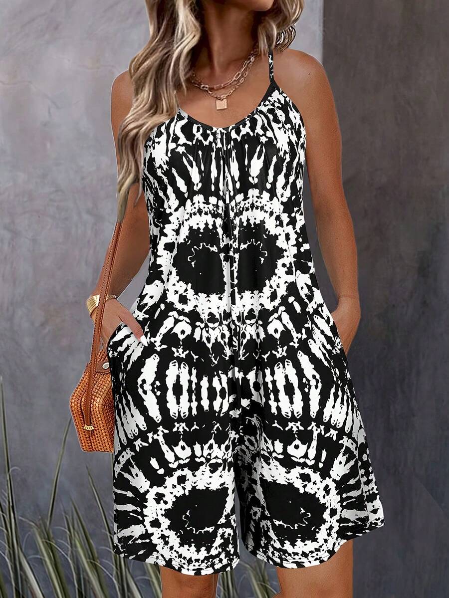 New Geometric Print Sleeveless Jumpsuit For Women, Suitable For Vacation And Daily Wear, Spring/Summer Black - Black - View 1
