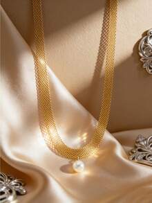 极简网状链条项链，性感优雅的不锈钢编织网状链条颈链，搭配白色珠子，男女皆宜的生日和周年纪念礼物，情侣饰品 - 金黃色 - 查看 7