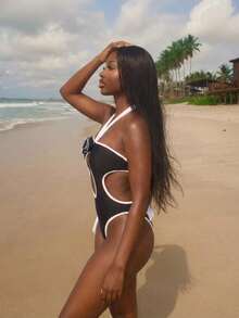 2026 New One-Piece Swimsuit Solid Color Summer Beach Vacation Beachwear,Elegant,Valentine's Day,Beach,Vacation,Carnival,Casual,Chic,Summer Outfits,Summer Holiday Outfits,Spring,Valentine Outfits For Women,Carnival. - 黑色 - 查看 6