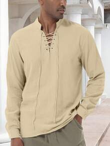 Medieval Inspired Drawstring Long Sleeve Shirt For Men, Viking Costume - Khaki - View 1