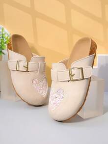 1 Pair Girls' Beige Suede Sparkling Diamond Heart Pattern Mule Shoes, Closed Flat, Comfortable & Cute, Casual Everyday Wear - Beige - View 4