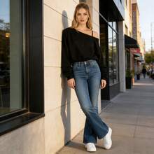 Off-Shoulder Top, Sexy Long-Sleeve T-Shirt With One Shoulder Exposed, Holiday-Style Loose Casual T-Shirt - 黑色 - 查看 5