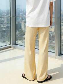 Women's Striped Wide-Leg Casual Pants - Comfortable And Stylish For All Seasons, Straight-Leg Design With A Waistband, Suitable For Everyday Wear And Festive Gatherings, Casual Wear | Striped Pattern | Comfortable Style,Vertical Stripe Drawstring Wide-Leg Pants: Slimming Fit, Comfort For Daily/Street;Relaxed Wide-Leg Trousers: Striped Design, Drawstring Waist, Versatile Outfits - 黃色 - 查看 5