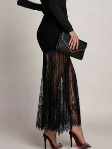 Elegant Women's Long Tight Pencil Skirt, Contrast Lace Detail, Woven Fabric, Non-Stretch, Sexy Design - Black - View 3