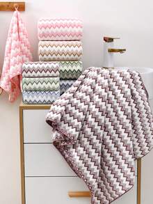 Toalla de baño/toalla de mano de felpa coral a rayas, simple, suave y absorbente para uso doméstico y decoración de baño - Celeste - Ver 3