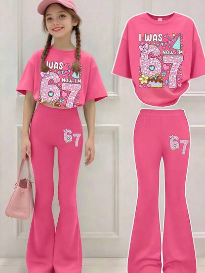 两件套女童夏季宽松短袖T恤，印有“67”字母图案，搭配喇叭裤，休闲简约风格，适合居家、户外活动和日常穿着。
