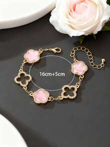 1pc Fashionable Luxury Elegant Crystal Hollow Clover & Flower Pendant Bracelet (Excluding Gift Box) - Pink - View 3
