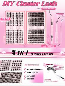 416pcs Eyelash Extension Kit, DIY Eyelash Extension Set, Individual Lash Clusters, Including False Lashes, Adhesive, Remover, Tweezers, DIY Eyelash Extension Kit, Lightweight Natural Curly Lashes, Soft And Lightweight, Suitable For Daily Use, Travel, Beginners, Weddings, Dates, Parties, Holidays - Black - View 4