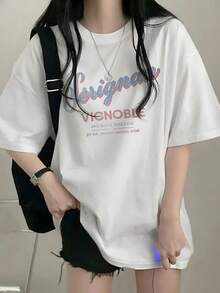 女士休闲圆领宽松字母卡通印花短袖T恤，日系风格，春夏款 - 白色 - 查看 1