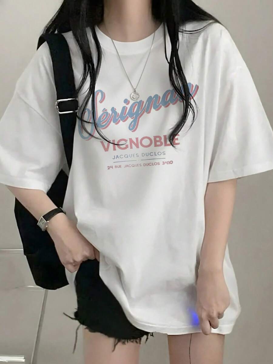 女士休闲圆领宽松字母卡通印花短袖T恤，日系风格，春夏款 - 白色 - 查看 1