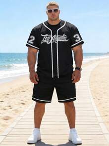 2pcs/Set Men's Plus Size Black Geometric Letter Print Drawstring Waist Casual Sports Shorts & Short Sleeve T-Shirt Set, 100% Polyester - Multicolor - View 8