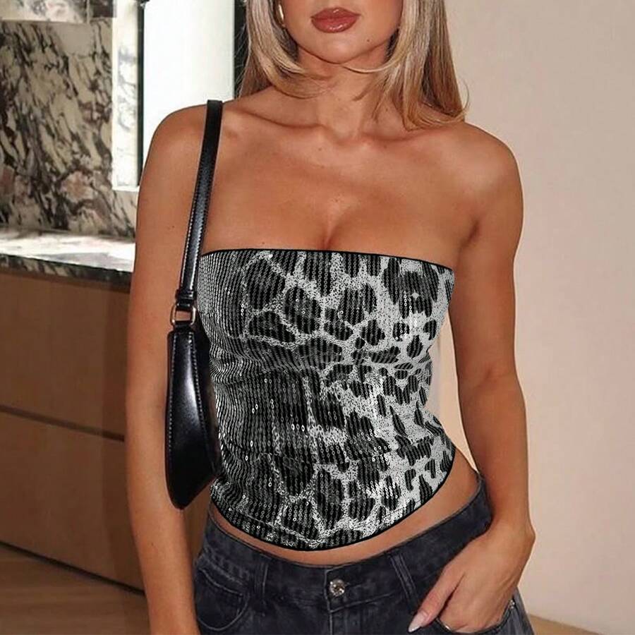 Top sin tirantes con estampado de leopardo y lentejuelas para salir de noche, ir de fiesta, cóctel de verano - Gris - Ver 1