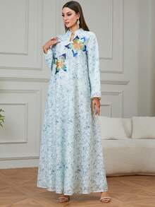 Women's Elegant Robe, V-Neck Applique, Long Sleeve, Suitable For Ramadan, Party, Date, Home Spring - Blue - View 5