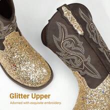 Girls Gold Cowgirl Boots Glitter Western Style Toddler Cowboy Boots Child Mid Calf Rhinestone Riding Shoes Party Birthday Dress Up For Toddler/Little/Big Kid Party School Holiday Dress Up - Vàng - Xem 4