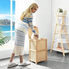 Bamboo-Laundry-Hamper-Wicker-Basket-With-Lid Large Wood Laundry Hampers Basket Bin Storage Organizer For Dirty Clothes, Laundry Room, Bathroom, Bedroom, Living Room, Home Decor(13Gallon/50L) - Natural - 查看 4