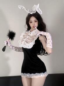 1pc Lace Cute Maid Outfit, Bodycon Skirt & Bodysuit, Sexy Cosplay Bunny Girl Costume, Suitable For Young Women Party, Photo Shoot, Anime Character Costume Play (Excluding Gloves) - Black and White - View 4