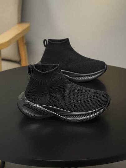 1 Pair Plain Casual Children's Socks, Knitted Mesh Breathable & Comfortable, Shock-Absorbing Non-Slip Sole, Suitable For Boys And Girls School Sports Shoes