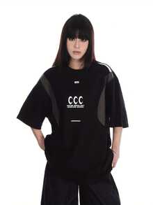 Moderna camiseta negra estampada casual para mujer, diseño oversize cómodo para uso diario, disponible en tallas S, M, L y XL, moda urbana,  de estilo relajado. - Negro - Ver 1