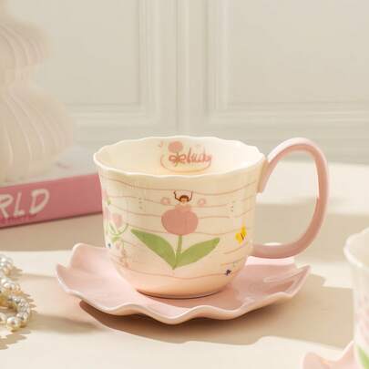 Ins-Style Pink Floral Girl Printed Ceramic Coffee Cup & Saucer Set, Underglaze Crafted, Coffee Cup & Saucer Set, Tea Cup, Juice Cup, Snack Plate, Latte Art Cup, Elegant Afternoon Tea Set, Suitable For Daily Use, Home, Office, Gift, Holiday