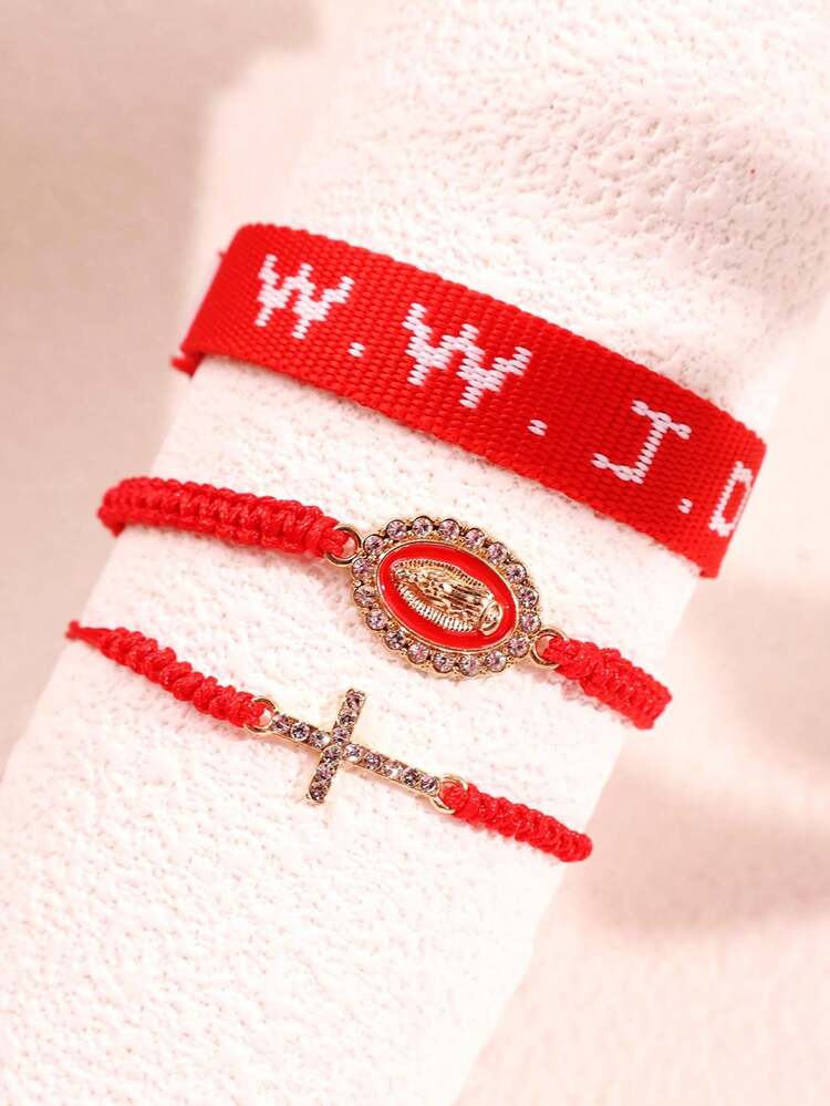 3pcs/Set Fashionable Unique Design Versatile Personalized Braided Letter, Cross, Virgin Mary Pendant Bracelet Set, Unisex Daily Wear & Festival Gift Jewelry - Multicolor - View 12